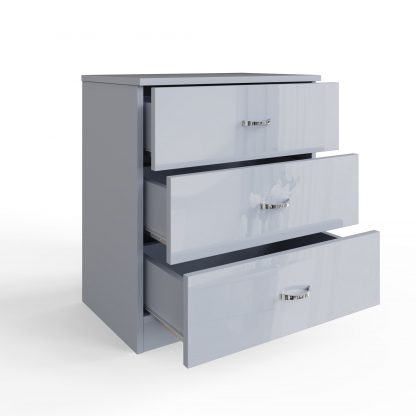 Chilton grey gloss 3 drawer chest ang open