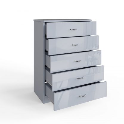 Chilton grey gloss 5 drawer chest ang open