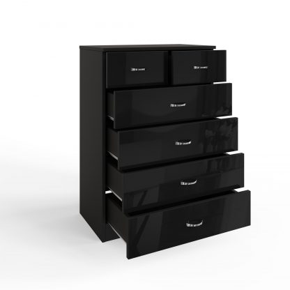 Chilton black gloss 6 drawer chest ang open
