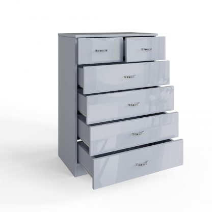 Chilton grey gloss 6 drawer chest ang open