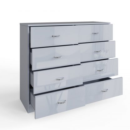 Chilton grey gloss 8 drawer chest ang open