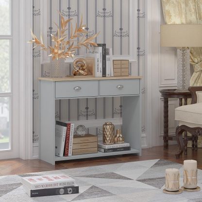 Console Table With 2 Drawers Matt Grey Finish With Oak Effect - Image 3