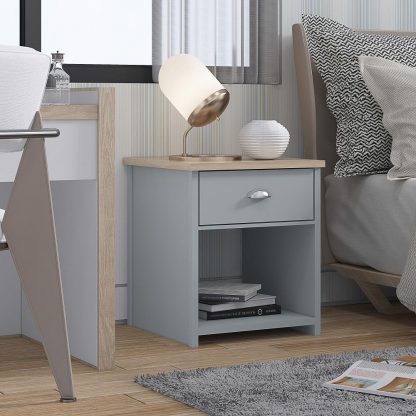 Matt Grey Bedside Lamp Table One Drawer Shelf Oak Effect Top - Image 3