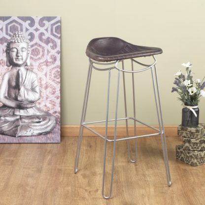 Artisanal Genuine Brown Leather Barstool