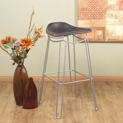 Artisanal Genuine Brown Leather Barstool - Image 2