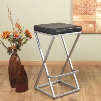 Artisanal Genuine Black Leather Silver Bar Stool