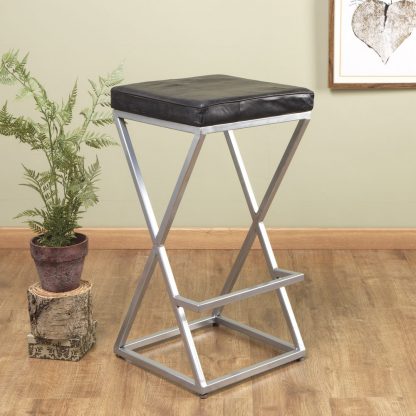 Artisanal Genuine Black Leather Silver Bar Stool - Image 2
