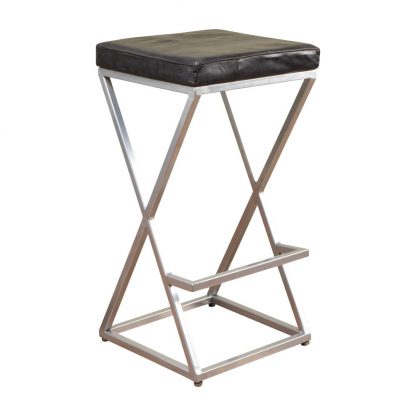 Artisanal Genuine Black Leather Silver Bar Stool - Image 3