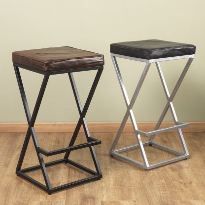 Artisanal Genuine Black Leather Silver Bar Stool - Image 4