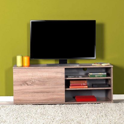 124cm Wide TV Unit with Open Shelves and Cupboard in Latte Oak - Image 6