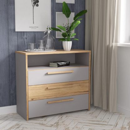 3 Drawer Matt Grey Sonoma Oak Chest Of Drawers With Open Shelf