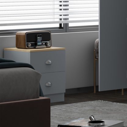 Esher 2 Drawer Bedside Table Matt Grey With Oak Top - Image 2