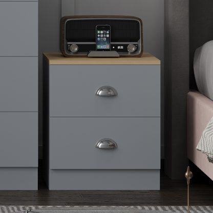 Esher 2 Drawer Bedside Table Matt Grey With Oak Top