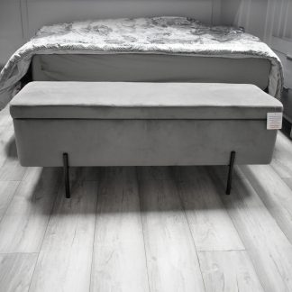 Grey Velvet Ottoman Storage Bench With Black Metal Legs