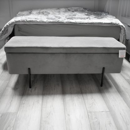 Grey Velvet Ottoman Storage Bench With Black Metal Legs