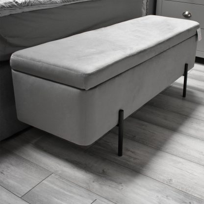 Grey Velvet Ottoman Storage Bench With Black Metal Legs - Image 2