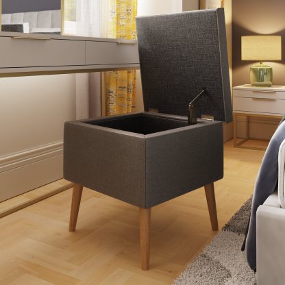 Grey Linen Ottoman Footstool Storage Seat With Solid Wooden Legs - Image 2