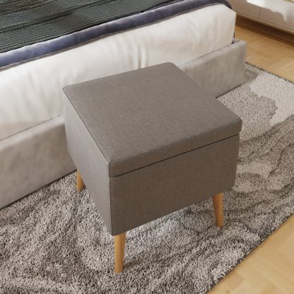 Grey Linen Ottoman Footstool Storage Seat With Solid Wooden Legs - Image 4