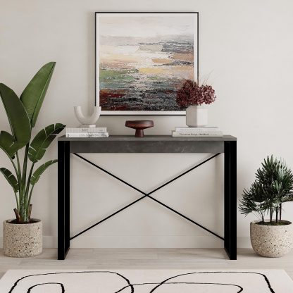 Decortie Modern Archie Console Table Retro Grey 110cm with Black Metal Legs - Image 4
