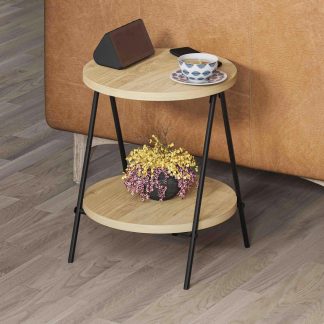 Decortie Modern Essel Industrial Style Round Side Table Oak with Black Metal Legs