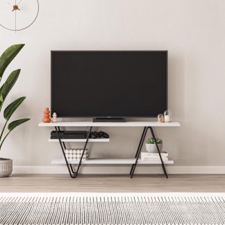 Decortie Modern Essel TV Stand Multimedia Centre White With Hairpin Metal Legs - For 48 Inch TVs