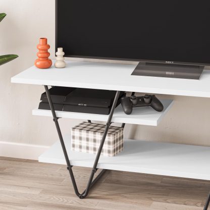 Decortie Modern Essel TV Stand Multimedia Centre White With Hairpin Metal Legs - For 48 Inch TVs - Image 3