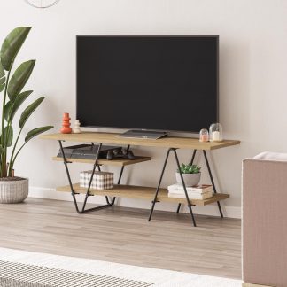 Decortie Modern Essel TV Stand Multimedia Centre Oak With Hairpin Metal Legs - For 48 Inch TVs