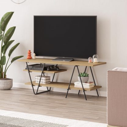 Decortie Modern Essel TV Stand Multimedia Centre Oak With Hairpin Metal Legs - For 48 Inch TVs