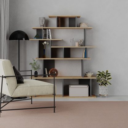 Apollon Modern Bookcase Display Unit Natural Oak Effect Anthracite Grey Medium 149cm - Image 5