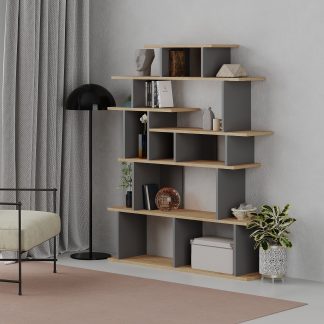 Apollon Modern Bookcase Display Unit Natural Oak Effect Anthracite Grey Medium 149cm