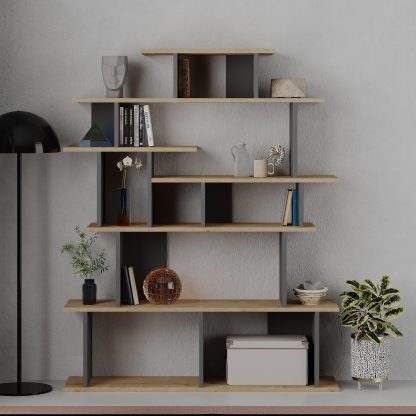 Apollon Modern Bookcase Display Unit Natural Oak Effect Anthracite Grey Medium 149cm - Image 8
