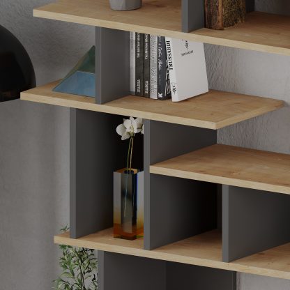 Apollon Modern Bookcase Display Unit Natural Oak Effect Anthracite Grey Medium 149cm - Image 4