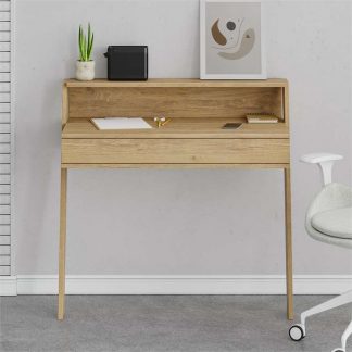 Decortie Cowork Modern Desk Oak Anthracite Grey Wall Mounted With Drawer 94cm Wide