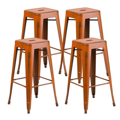 Kai 30" Industrial Tolix Style Bar Stool, Distressed Orange - Set of 4 - Modern Metal Bar Height - Image 3