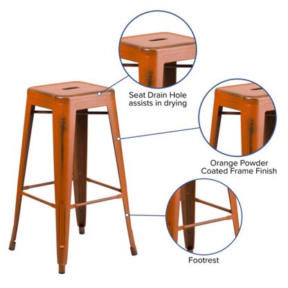 Kai 30" Industrial Tolix Style Bar Stool, Distressed Orange - Set of 4 - Modern Metal Bar Height - Image 5