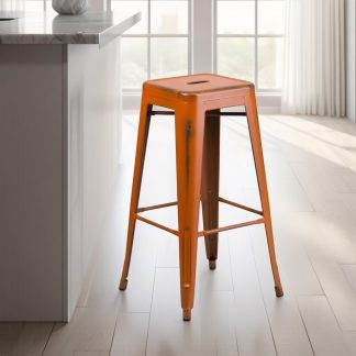 Kai 30" Industrial Tolix Style Bar Stool, Distressed Orange - Set of 4 - Modern Metal Bar Height
