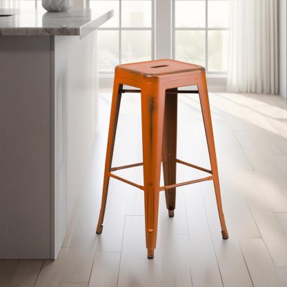 Kai 30" Industrial Tolix Style Bar Stool, Distressed Orange - Set of 4 - Modern Metal Bar Height