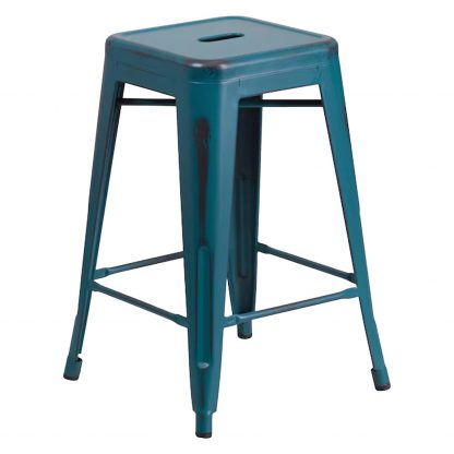 Kai 24" Industrial Tolix Style Bar Stool, Blue Teal - Set of 4 - Modern Metal Counter Height - Image 4