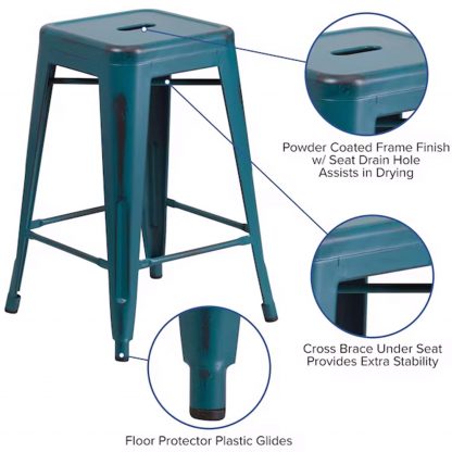 Kai 24" Industrial Tolix Style Bar Stool, Blue Teal - Set of 4 - Modern Metal Counter Height - Image 5