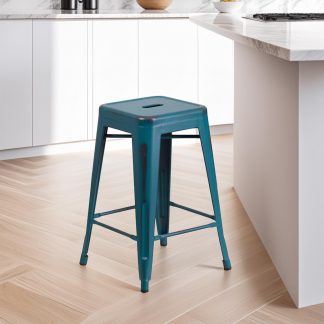 Kai 24" Industrial Tolix Style Bar Stool, Blue Teal - Set of 4 - Modern Metal Counter Height