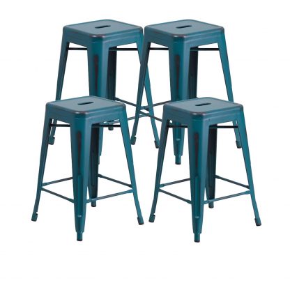 Kai 24" Industrial Tolix Style Bar Stool, Blue Teal - Set of 4 - Modern Metal Counter Height - Image 3
