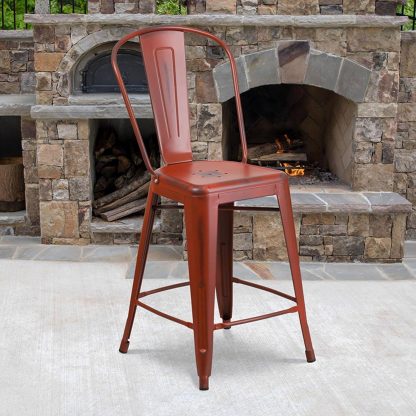 Blake 24" Industrial Tolix Style Bar Chair, Distressed Red - Set of 4 - Modern Metal Counter Height