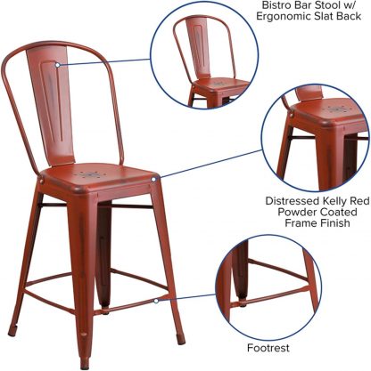 Blake 24" Industrial Tolix Style Bar Chair, Distressed Red - Set of 4 - Modern Metal Counter Height - Image 8