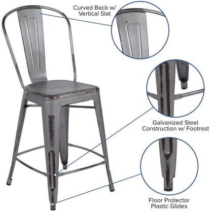 Blake 24" Industrial Tolix Style Bar Chair, Silver Grey - Set of 4 - Modern Metal Counter Height - Image 7