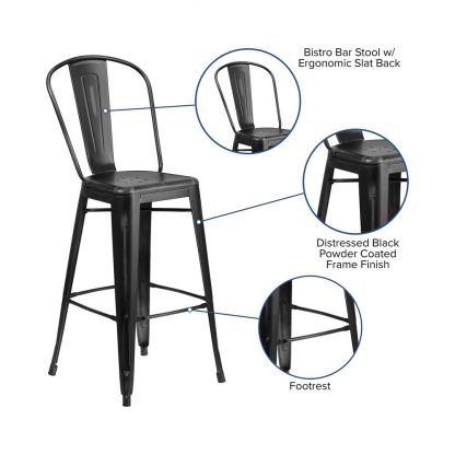 Blake 30" Industrial Tolix Style Bar Chair, Distressed Black - Set of 4 - Modern Metal Bar Height - Image 7