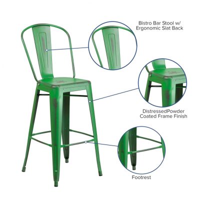 Blake 30" Industrial Tolix Style Bar Chair, Distressed Green - Set of 4 - Modern Metal Bar Height - Image 7