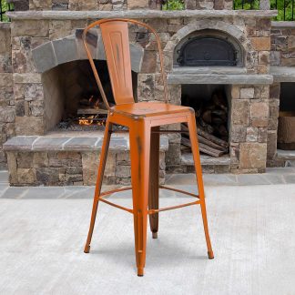 Blake 30" Industrial Tolix Style Bar Chair, Distressed Orange - Set of 4 - Modern Metal Bar Height