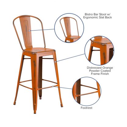 Blake 30" Industrial Style Bar Chair, Distressed Orange - Set of 4 - Modern Metal Bar Height - Image 6