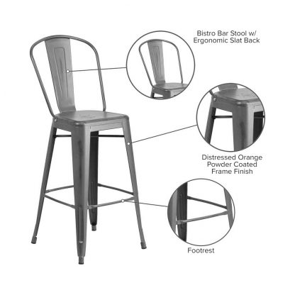 Blake 30" Industrial Tolix Style Bar Chair, Silver Grey - Set of 4 - Modern Metal Bar Height - Image 8