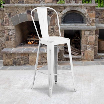 Blake 30" Industrial Tolix Style Bar Chair, Distressed White - Set of 4 - Modern Metal Bar Height